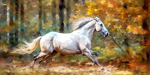 Wild white horse galloping through Autumn forest, AI generative illustration