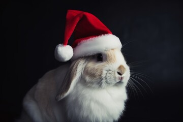 A rabbit in a Santa Claus hat is waiting for the New Year and Christmas, Generative AI