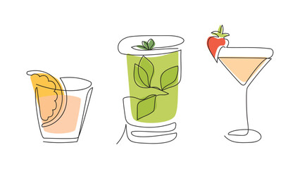 Continuous line drawing of exotic cocktail drinks.Vector illustration