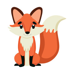 Cute little fox. Cartoon animal. Vector. White background. Red-haired wild animal sitting. Close-up