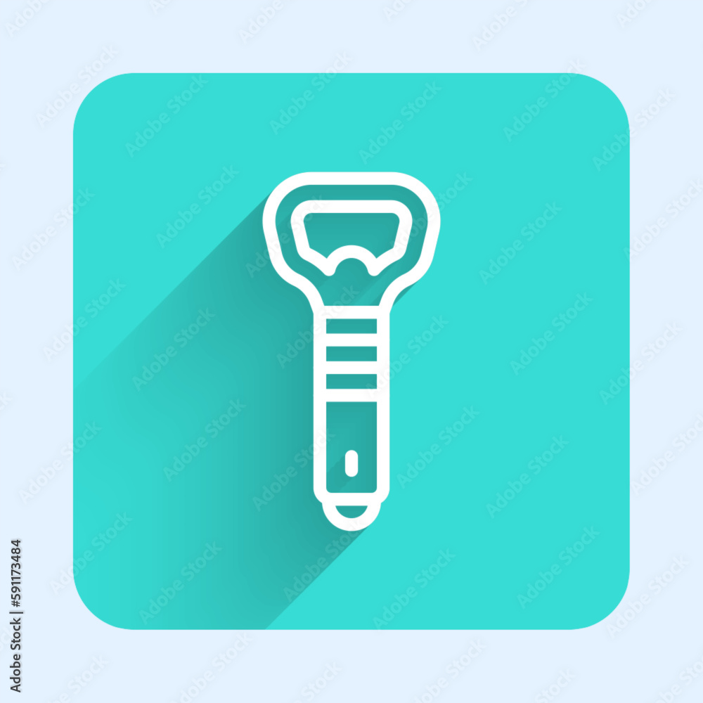 Poster white line bottle opener icon isolated with long shadow background. green square button. vector