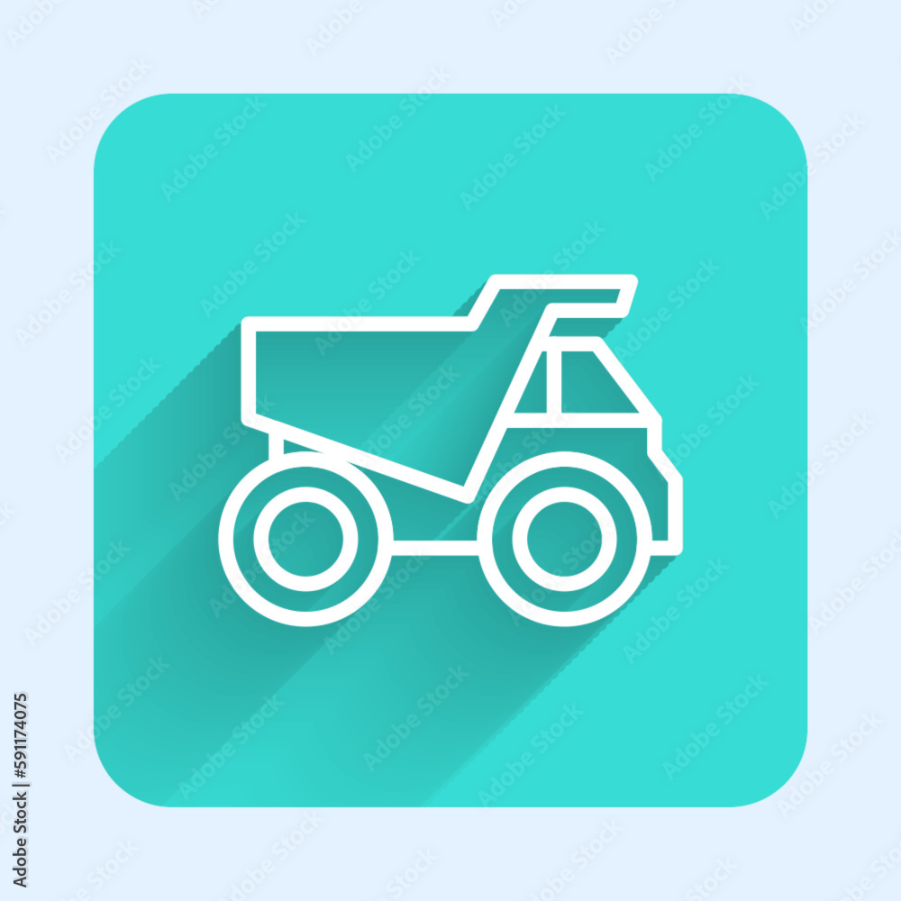 Poster white line mining dump truck icon isolated with long shadow background. green square button. vector