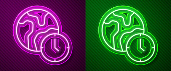 Glowing neon line World time icon isolated on purple and green background. Vector