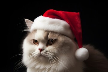 A cat in a Santa Claus hat is waiting for the New Year and Christmas, Generative AI