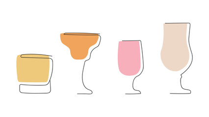 Continuous one line drawing of cocktail drinks. Vector illustration.