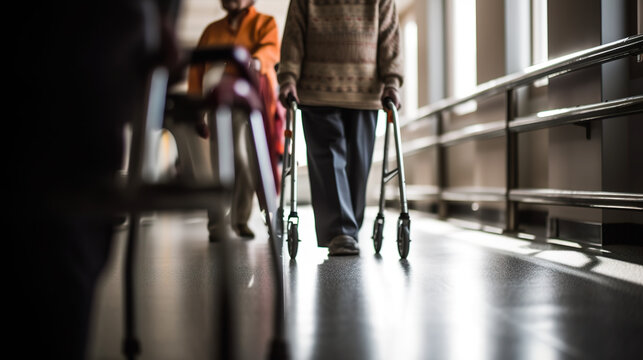 Unrecognisable elderly person using a walking aid with a relative or caregiver in a hospital hallway, AI generative photorealistic illustration