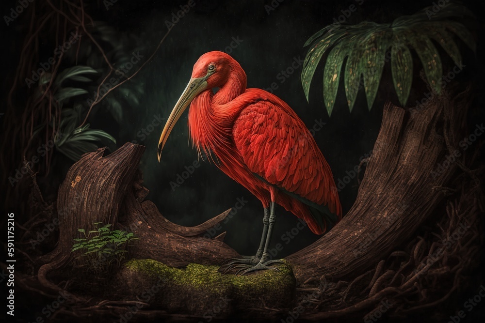 Poster red ibis perched on a tree log against a foreboding forest backdrop. generative ai