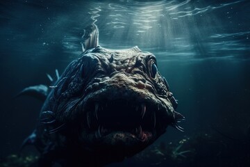 Monster fish. A large monster fish with an open mouth and large teeth, living in the depths of the ocean. Fantastic Fish. Generative AI