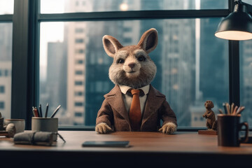 A rabbit in the form of a man work and sits behind the desk in the office with huge windows, business and finance concept. Generative AI.