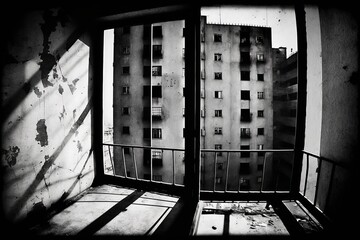 Dilapidated building view from the window. Black and white style. Generative AI