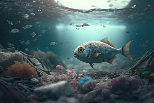 A lonely fish in an empty ocean swims among the garbage. Pollution of the oceans. Save the planet. Reasonable consumption. Generative AI