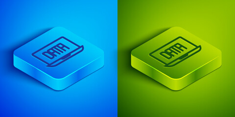 Isometric line Data analysis icon isolated on blue and green background. Business data analysis process, statistics. Charts and diagrams. Square button. Vector