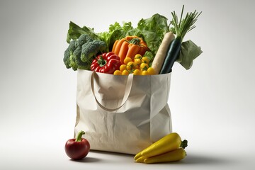 Grocery fabric bag filled with vegetables and herbs. Shopping in a supermarket. Food concept. Generative AI