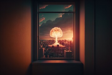 A nuclear explosion in a large metropolis, the view from the window of an apartment from a tall building. Generative AI