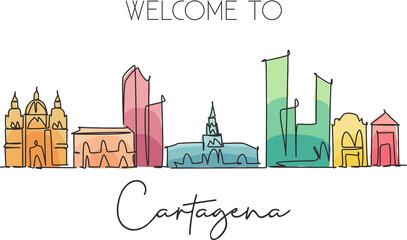 Naklejka premium Single continuous line drawing of Cartagena skyline, Colombia. Famous city scraper landscape postcard. World travel destination concept. Editable stroke modern one line draw design vector illustration