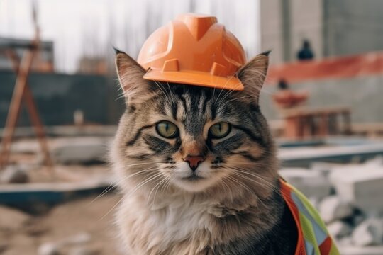 Engineer cat in a work helmet on a construction site. Construction of a large house from cement and building materials, Generative AI