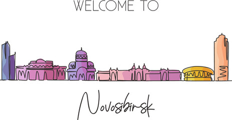 One single line drawing Novosibirsk city skyline, Russia. World historical town landscape. Best place holiday destination postcard art. Editable trendy continuous line draw design vector illustration