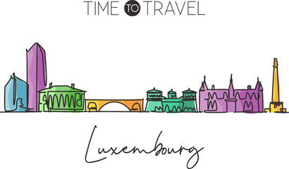 Single continuous line drawing Luxembourg city skyline. Famous city scraper landscape home wall decor poster print. World travel destination concept. Modern one line draw design vector illustration - obrazy, fototapety, plakaty
