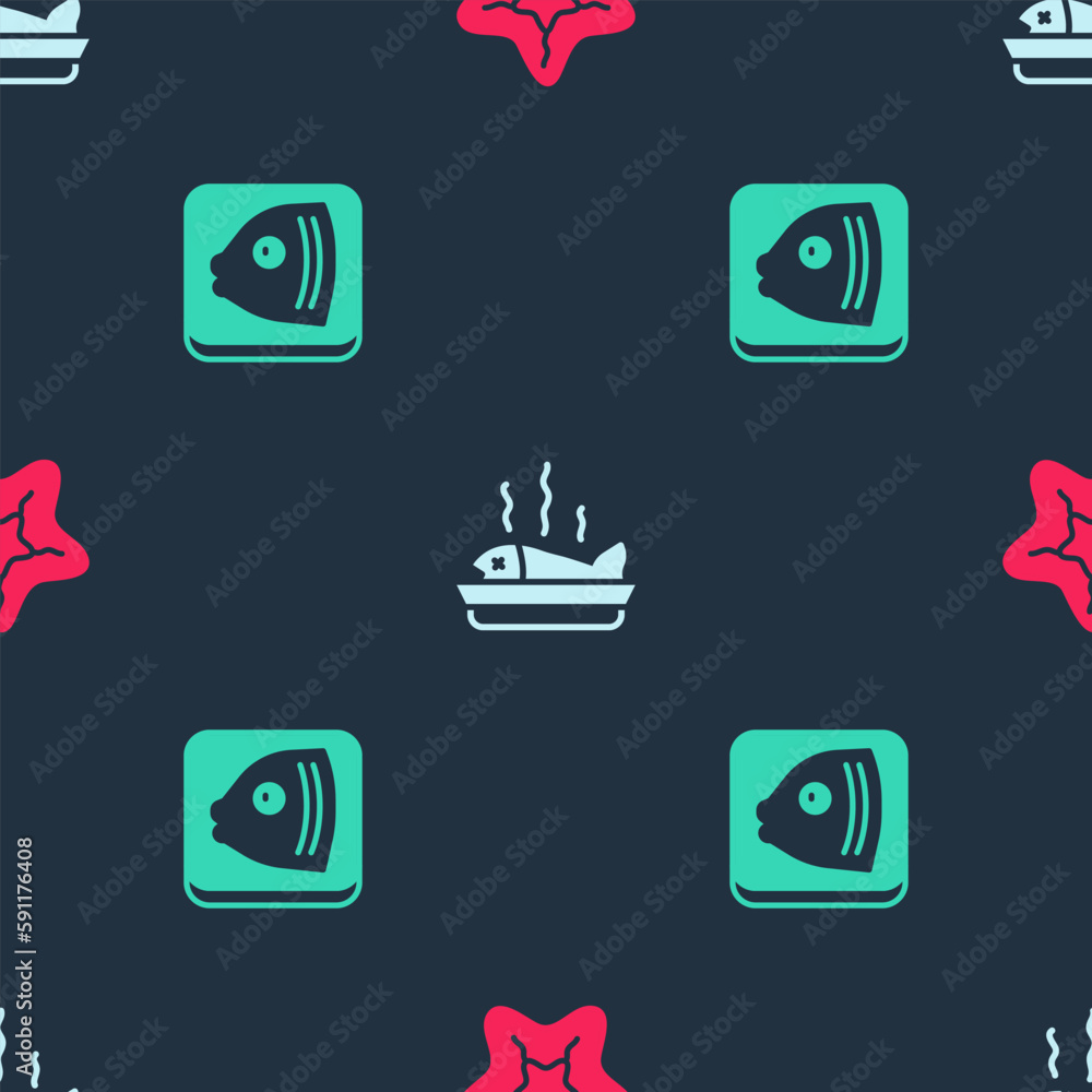 Sticker set starfish, served on plate and fish head on seamless pattern. vector