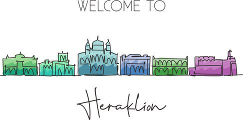 One continuous line drawing of Heraklion city skyline, Greece. Beautiful landmark postcard. World landscape tourism travel vacation. Editable stylish stroke single line draw design vector illustration