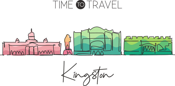 One continuous line drawing Kingston city skyline Jamaica. Beautiful landmark home wall decor poster print. World landscape tourism travel vacation. Stylish single line draw design vector illustration