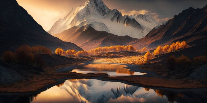 A mountain sunset in the fall at the yading environmental reserve, Daocheng, China Generative AI