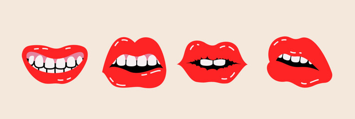 Vector illustrations Set with different female lips and eyes, emoji in a cartoon style, editable strokes