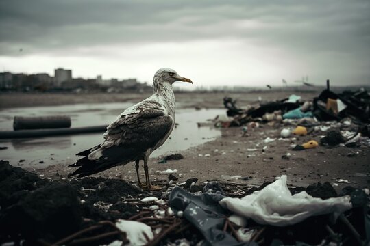 A seagull on a garbage-polluted beach. Plastic trash, polluted soil and ocean. Environmental pollution. Generative AI