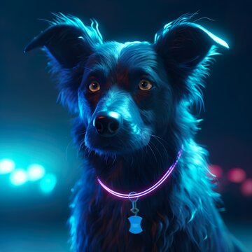 Hund in der Nacht mit Neonlichtern dran