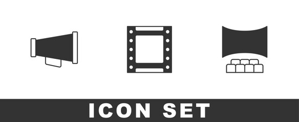 Set Megaphone, Play video and Cinema auditorium with screen icon. Vector