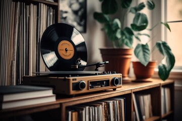 A vintage record player and a collection of vinyl records on a shelf in the living room. Old style. Generative AI