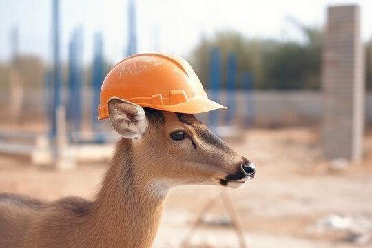 Engineer deer in a work helmet on a construction site. Construction of a large house from cement and building materials, Generative AI