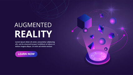 Augmented reality concept. Cyberspace and virtual reality. Landing page design. Innovations and modern technologies. Futuristic geometry. Cartoon isometric vector illustration
