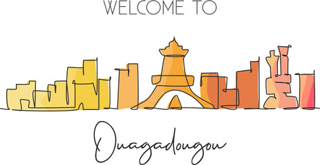 Single continuous line drawing of Ouagadougou city skyline, Burkina Faso. Famous city scraper and landscape wall decor poster print art. World travel concept. One line draw design vector illustration