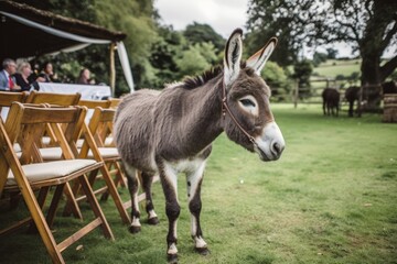 a donkey at a wedding with flowers came to congratulate the bride and groom. A wedding ceremony and many people around, Generative AI