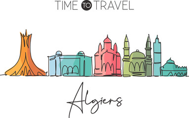 Single continuous line drawing of Algiers city skyline, Algeria. Famous city scraper landscape home wall decor poster print art. World travel concept. Modern one line draw design vector illustration