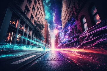 Realistic city street, with multi-colored chaotically moving strips of light and galaxies. Fantastic wonderland. Light trails. Generative AI