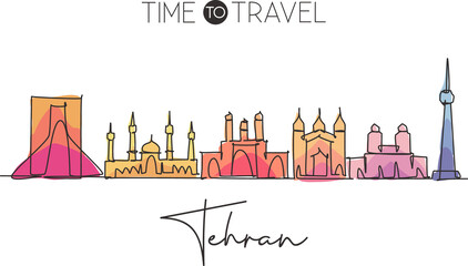 One single line drawing of Tehran or Teheran city skyline Iran. Historical town landscape in the world. Best holiday destination. Editable stroke trendy continuous line draw design vector illustration