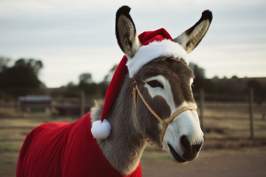 A donkey in a Santa Claus hat is waiting for the New Year and Christmas, Generative AI