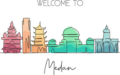Single continuous line drawing of Medan city skyline, Indonesia. Famous city scraper and landscape postcard print. World travel concept. Editable stroke modern one line draw design vector illustration