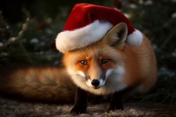 Obraz premium A fox in a Santa Claus hat is waiting for the New Year and Christmas, Generative AI