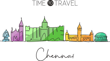 One continuous line drawing of Chennai city skyline, India. Beautiful city landmark print. World landscape tourism travel vacation. Editable stylish single line draw design vector graphic illustration