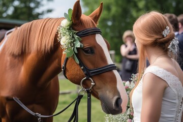 a horse at a wedding with flowers came to congratulate the bride and groom. A wedding ceremony and many people around, Generative AI