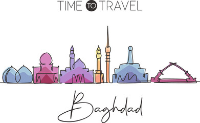 One continuous line drawing of Baghdad city skyline, Iraq. Beautiful city landmark. World landscape tourism and travel vacation. Editable stylish single line draw design vector graphic illustration