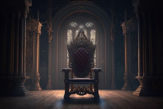 Royal throne. Throne of the king, queen. Gloomy throne room with an armchair. Ideal for advertising, brochure, book, banner. Generative Ai
