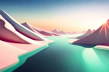 Illustration of mountain with river colored blue and pink created with Generative AI