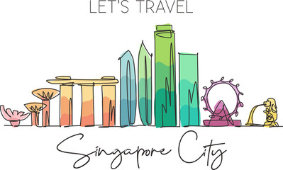 One single line drawing of Singapore city skyline. Historical town landscape in the world. Best holiday destination poster art. Editable stroke trendy continuous line draw design vector illustration