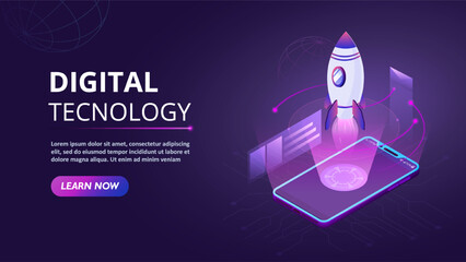 Digital tecnology concept. Rocket takes off into air from smartphone screen. Business project or start up. Company innovation and development, idea and insight. Cartoon isometric vector illustration