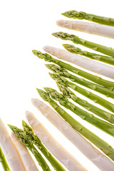 Asparagus tips isolated on transparent background. Top view photography of spring vegetables. Background for haelthy nutrion. PNG image.