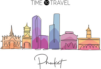 One single line drawing of Phuket city skyline, Thailand. Historical town landscape. Best holiday destination home art wall decor poster print. Trendy continuous line draw design vector illustration - obrazy, fototapety, plakaty